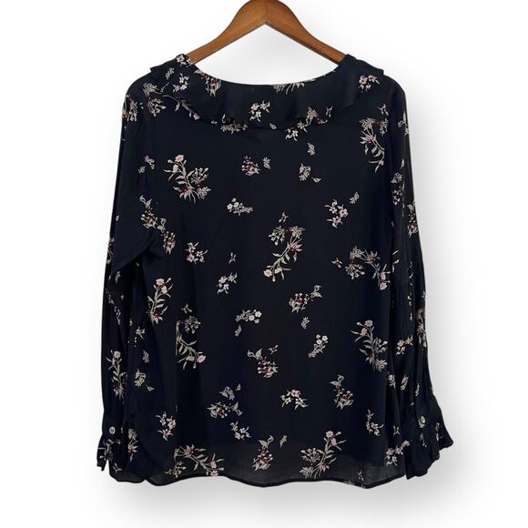 J Jill Top Womens Size M Blouse Black Crinkle Floral Long Sleeve Ruffle V Neck - Picture 8 of 10